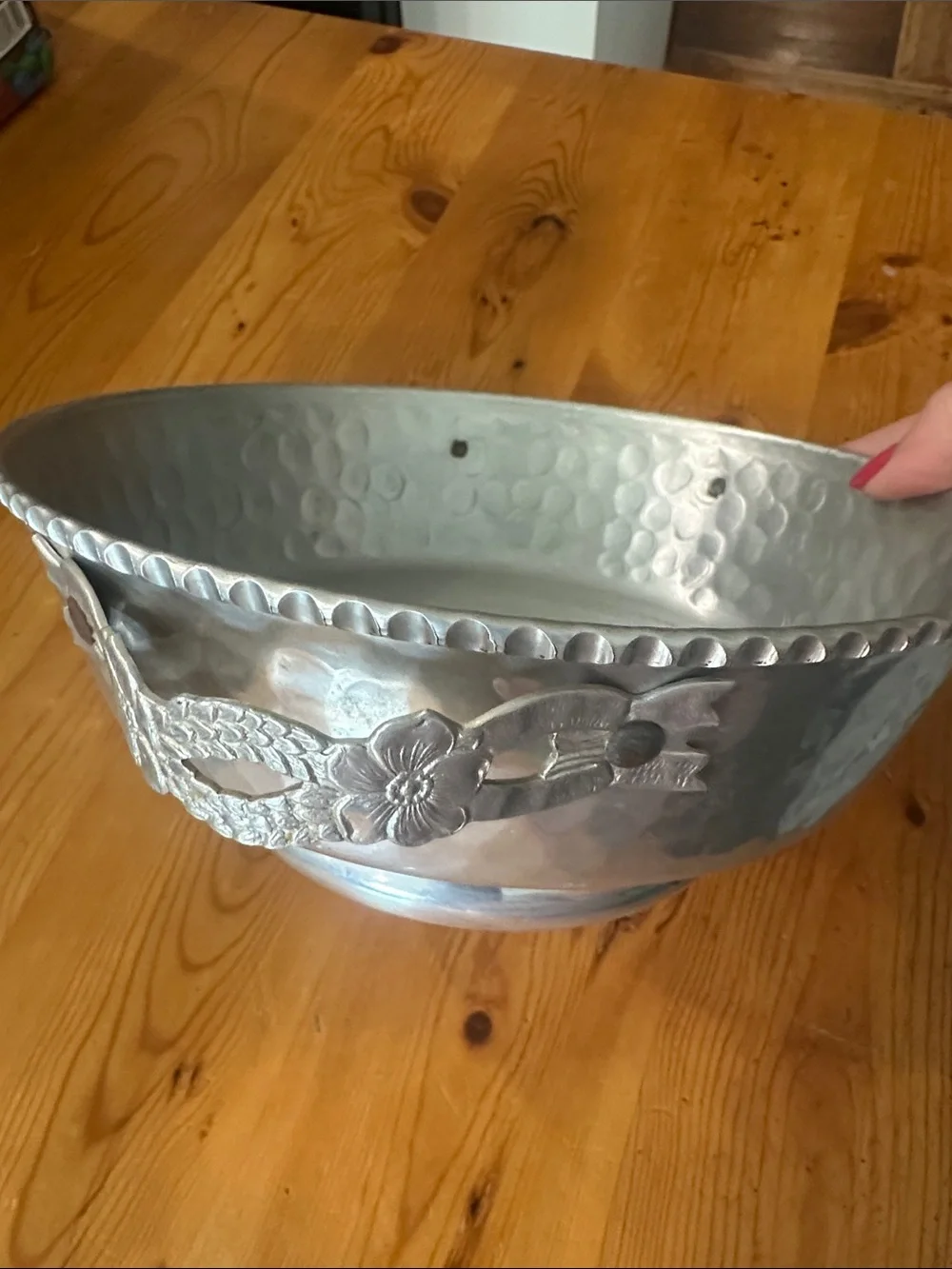 Rodney Kent vintage Decorative Hammered aluminum Bowl - Silver Floral Accent